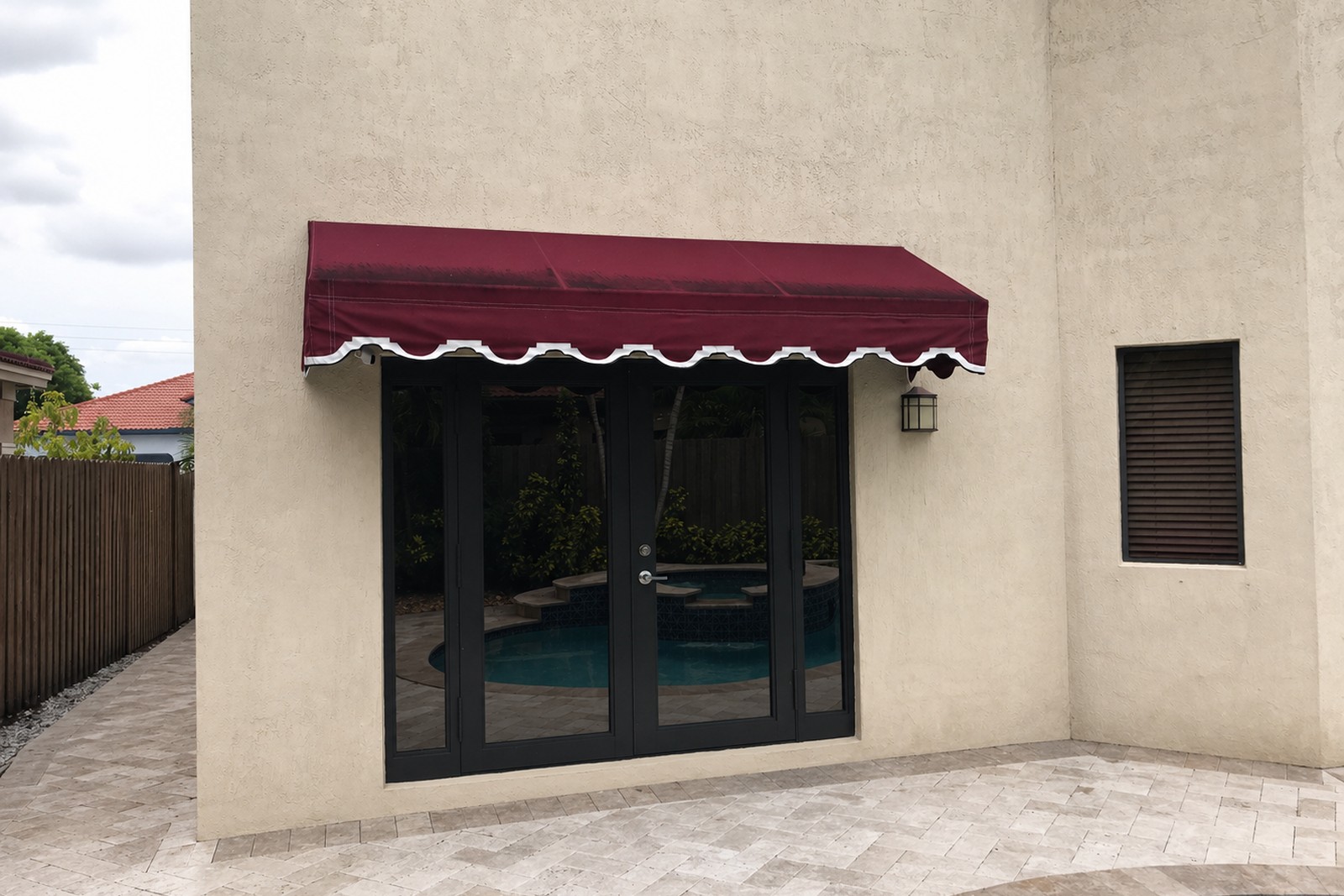 Burgundy entrance awning